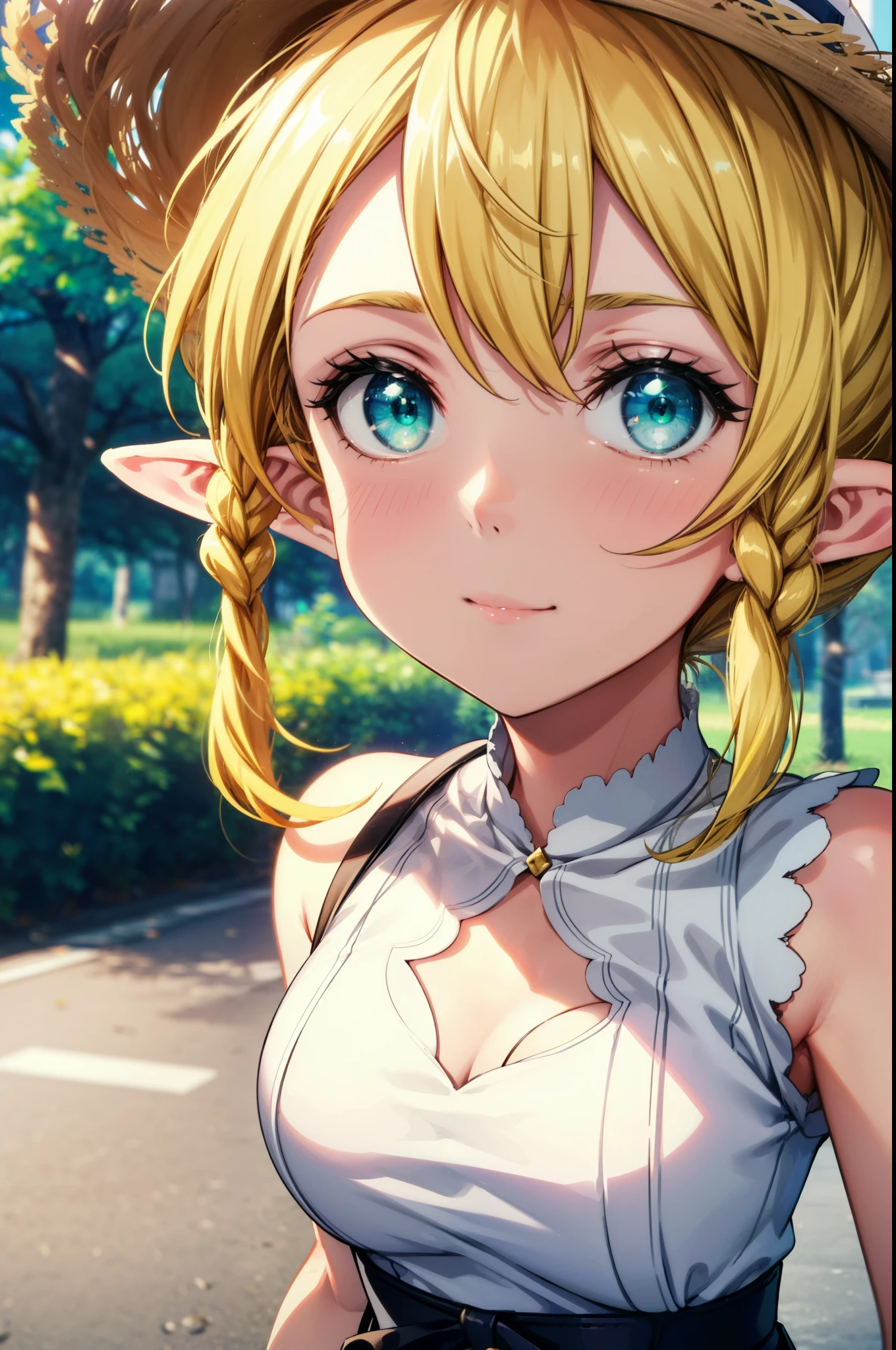 Suguhakirigaya, Suguhakirigaya, Long Hair,Blonde,Green Eyes,Pointy Ears,Short braids,,happy smile, smile, Open your mouth,Big Breasts,White straw hat,White sleeveless dress, bare arms,Green long skirt,Cute Sandals,Walking,Clear skies,whole bodyがイラストに入るように,
break outdoors, nature, forest,
break looking at viewer, whole body,
break (masterpiece:1.2), Highest quality, High resolution, unity 8k wallpaper, (shape:0.8), (Beautiful attention to detail:1.6), Highly detailed face, Perfect lighting, Extremely detailed CG, (Perfect hands, Perfect Anatomy),