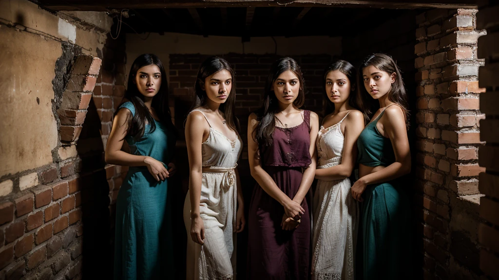 A 35mm photograph capturing the raw emotion, featuring five Turkey young women They are portrayed in an old basement, their attire form-fitting and showing signs of wear — a testament to their journey. Their expressions convey a deep sense of forelorn hope, engaging directly with the viewer. The setting is dimly lit, adding to the intensity and depth of the scene. full body shoot