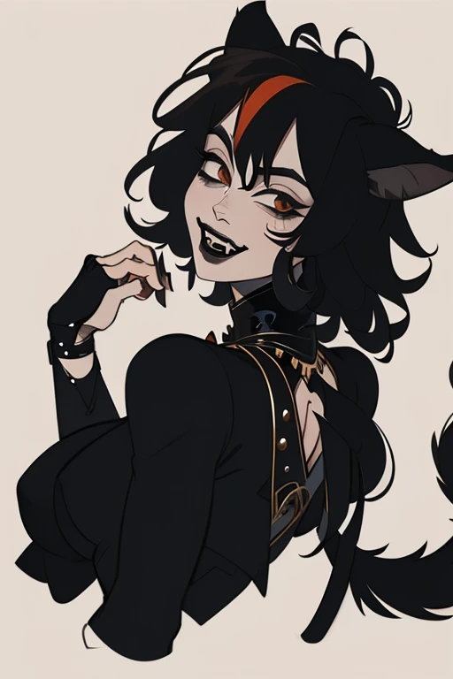 Half body, A beautiful woman, long wavy black hair, brown eyes, casual clothing, cat ears and tail, fangs, 