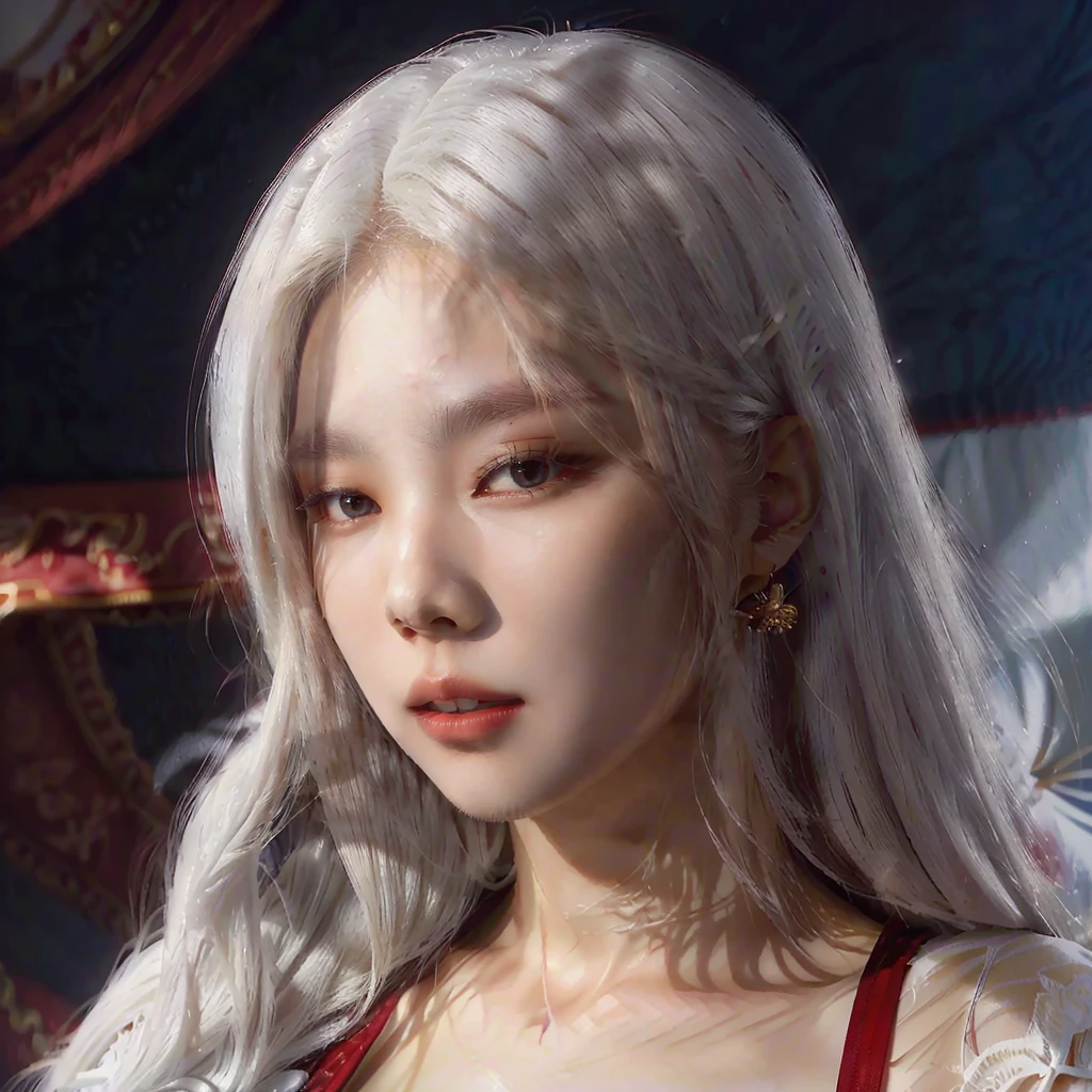 a close up of a woman with long hair wearing a red dress, ig model | artgerm, korean girl, girl with white hair, perfect white haired girl, stunning anime face portrait, extremely detailed artgerm, beautiful south korean woman, realistic anime 3 d style, trending artgerm, detailed portrait of anime girl, beautiful anime portrait