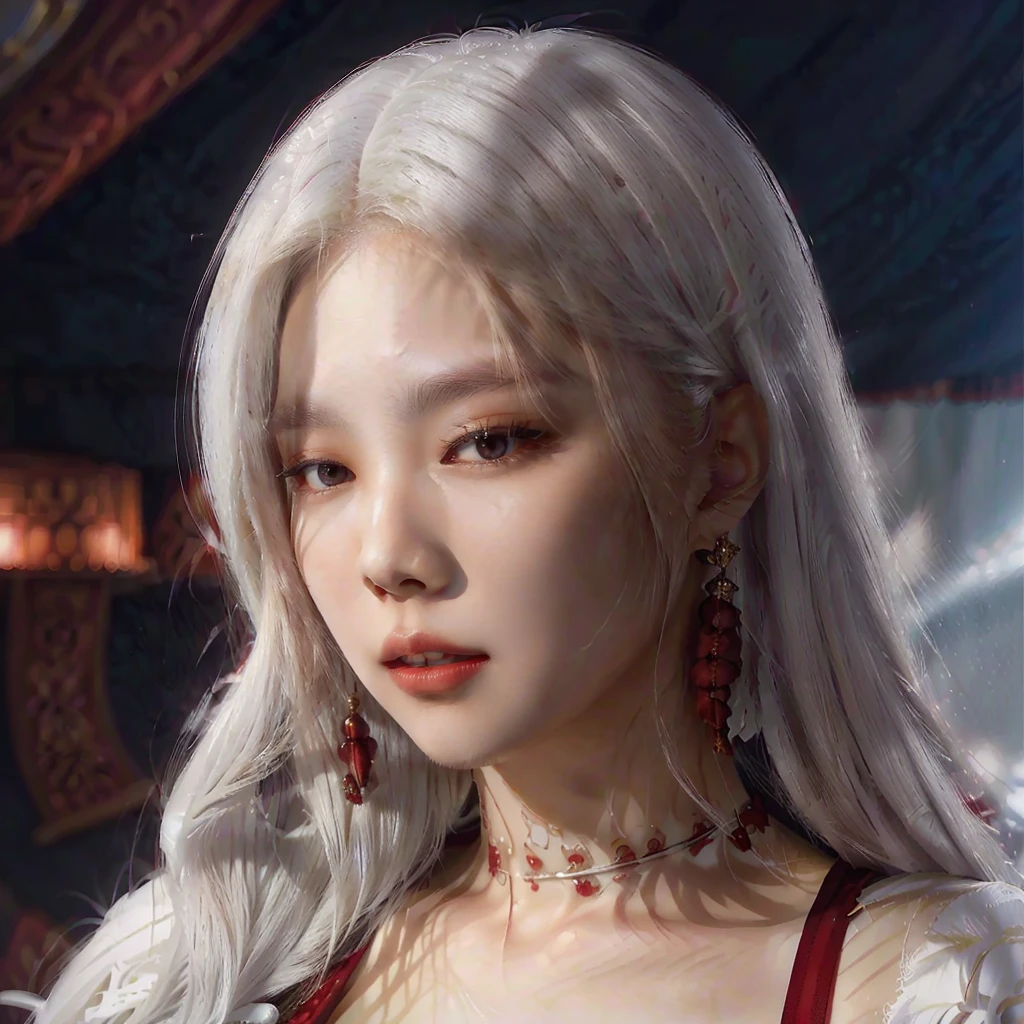 a close up of a woman with long hair wearing a red dress, ig model | artgerm, korean girl, girl with white hair, perfect white haired girl, stunning anime face portrait, extremely detailed artgerm, beautiful south korean woman, realistic anime 3 d style, trending artgerm, detailed portrait of anime girl, beautiful anime portrait