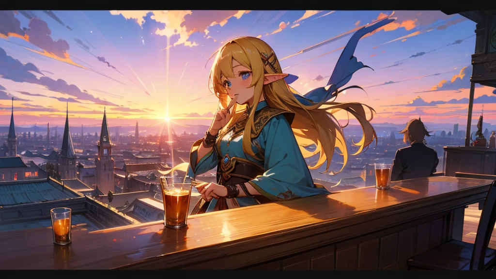 Anime Style,Nostalgic,Detailed background,Magical World,A lively bar with lots of people,Beautiful sky,Beautiful Elf with a Bard&#39;s Smile,guitar,Large Breasts,Healthy thighs