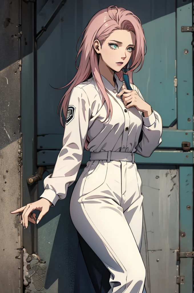 Pink Hair,Green Eyes,masterpiece, best quality, high quality, high resolution, outdoor, Looking at the audience, White shirt, Top of crop, diaphragm, Umbilical cord, White pants,  Tall women,
