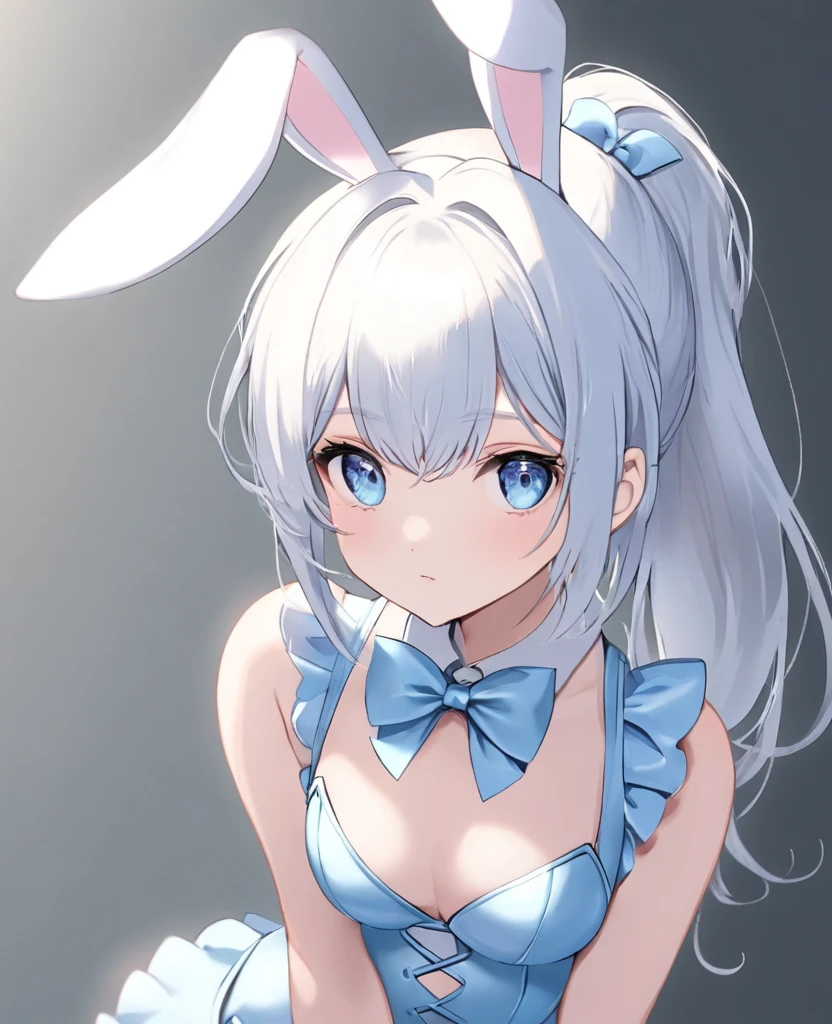 woman with white head, light blue eyes, bow tie, ponytail, and wears a bunny girl outfit.