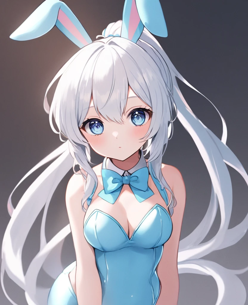 woman with white head, light blue eyes, bow tie, ponytail, and wears a bunny girl outfit.