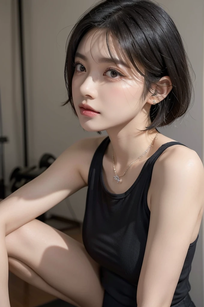 masterpiece, best quality, realism, Side view, full body, looking away from the camera, woman, slim, small face, big eyes, double eyelids, long eyelashes, thick eyelashes, eyeliner, bridged nose, full lips, short hair, black hair, content, tank top, yoga pants, necklace, piercing, fashion model posing, gym