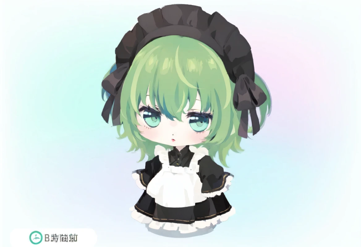 Her hair is green.、short、Two Side Up、Black head dresaid clothes、Small breasts