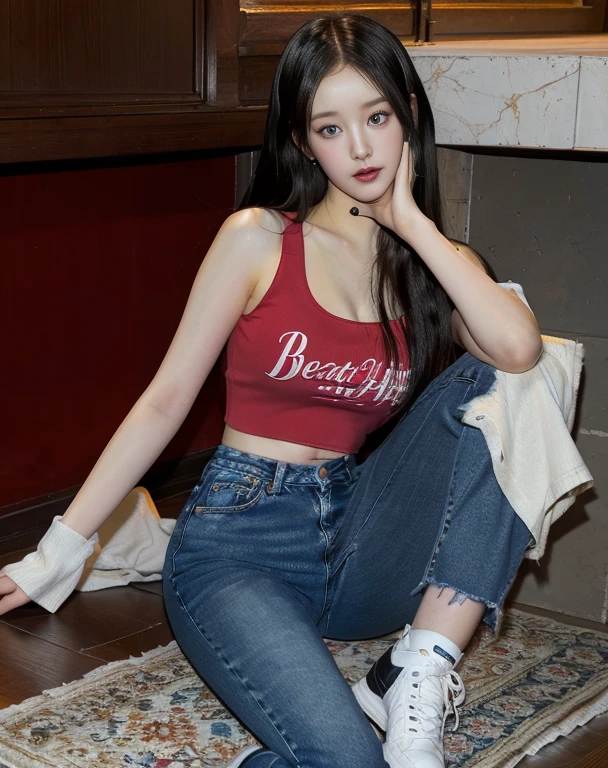 Arafed woman sitting on the floor red top jeans pants deep blue eyes., dilraba dilmurat, Chen powder, Sakimichan, Jisoo from Blackpink, wearing a sexy crop top, roseanne park by blackpink, heonhwa choe, korean female fashion model, glass, jossi de blackpink, wearing crop top, Jisoo from Blackpink