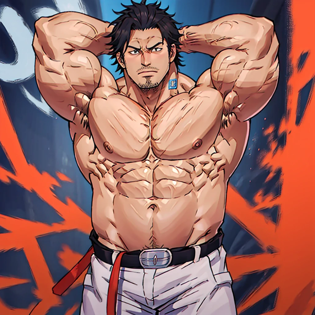 1 man, 35 years old, look at me, good face, muscles, show body muscles, cold face, big chest, show one armpit, a littel fat, shirtless, without clothes