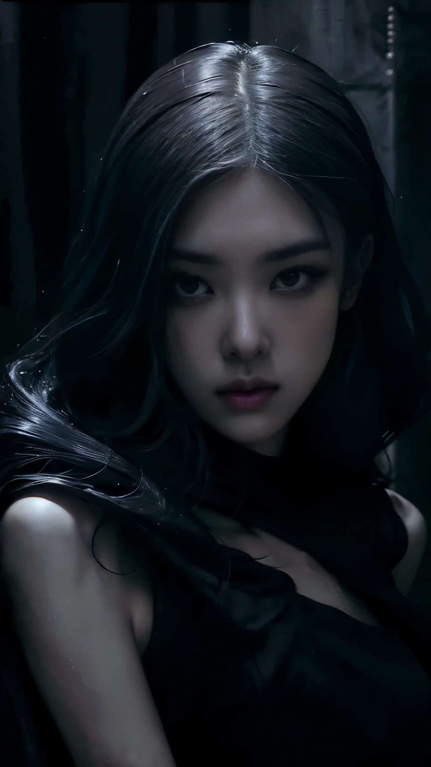 (best quality, highres:1.2), realistic, black dress, black hair, dark theme, black background, dark ninja, intense gaze, elegant posture, flowing dress, detailed facial features, long eyelashes, contrast, fine details, dramatic atmosphere, gothic style, intense emotions, monochrome color palette, captivating setting, haunting beauty, artistic photography, everything is black