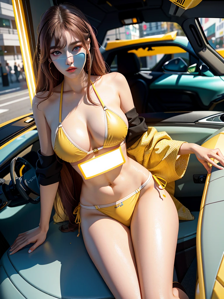 RAW, 1girl, solo, skinny, (masterpiece, best quality:1.5), (absurdres:1.3), walking, beautiful (detailed skin:1.3, detailed face:1.3), full body, front, wide angle shot, octane render, looking at viewer, bright white skin color,
sharp focus, delicate, (korean beauty, korean mixed:1.6), (ager female:1.2),
(huge breasts:1.2, thick thighs:0.4, narrow :1.1), light smile,
(big_eyes:1.1, starry_eyes), pink lips,
(straight hair), brown hair, sitting in supercar, looking at viewer, (yellow bikini:1.2),
City scape, seductive, day, (godray_light on body:1.5), open_blazer,