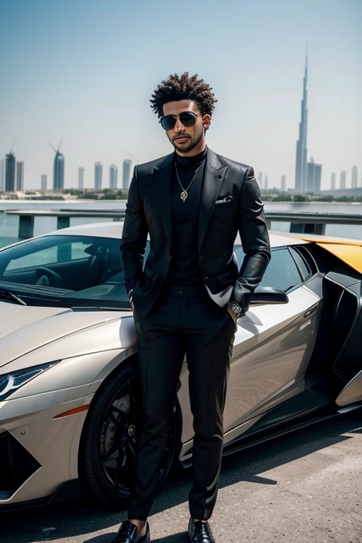 Develop a realistic image of a young, 32-year-old black influencer currently in Dubai. He is posing inside a Lamborghini, standing out in a luxurious and modern urban setting. Her short, curly hair complements her contemporary style image. His facial expression conveys confidence and charisma, which reflects his influential personality. He is dressed elegantly and modernly, wearing clothes that emphasize his refined taste in fashion. The surrounding environment should capture the vibrant atmosphere of Dubai, with gleaming skyscrapers and a clear, sunny sky, creating a stunning visual contrast with the sports car in the background."
