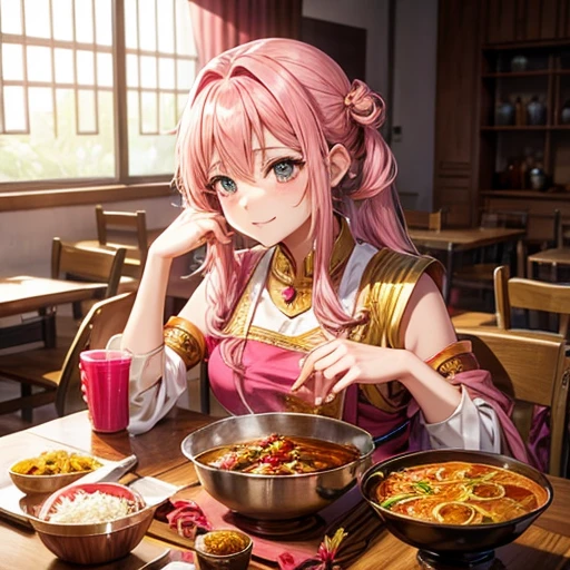 Pink-haired goddess eating curry Indian traditional clothing Isekai Cafeteria
