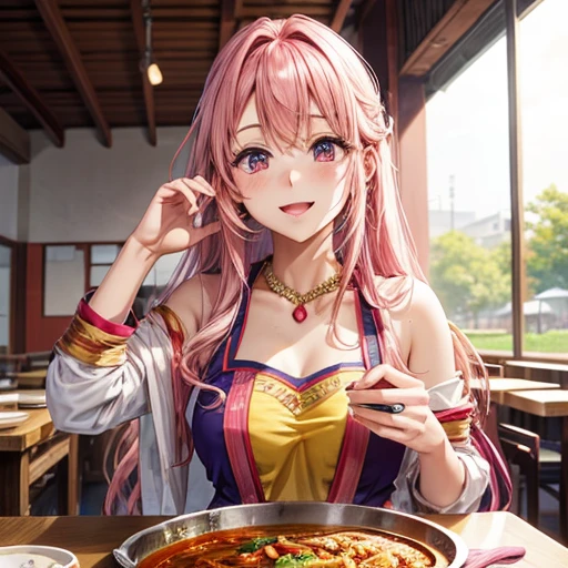Pink-haired goddess eating curry　Indian traditional clothing　Isekai Cafeteria