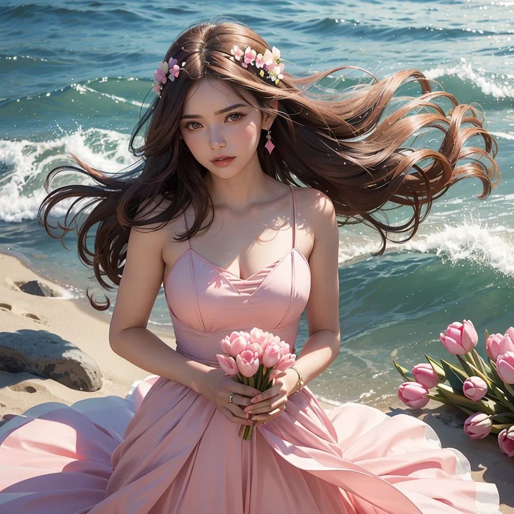 Create a 6 profile picture of a Matured Women but different faces and hair style wearing a pink beach dress she is holding a pink tulips with her both hands and her hair is brown and the background is beach theme wedding she is a bridesmaid full body please