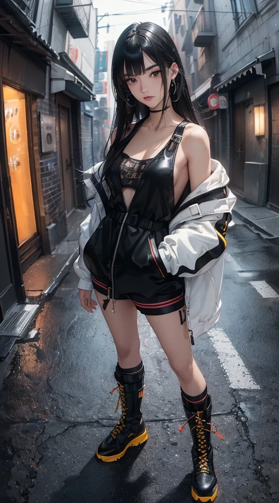 (((8k wallpaper of extremely detailed CG unit:1.2, masterpiece, hight resolution:1.2, top-quality:1.2, masutepiece))), ((a very beautiful woman, Hands in pockets:1.8, Street fashion:1.2, wearing a colorful jacket:1.2, Wearing boots)), ((extra detailed face, Highly detailed black eyes, extra detailed body, Top quality real texture skins)), (Silver straight hair:1.2, de pele branca, Small, exposed shoulder), ((Empty alley, Mileland. natta, Neon Street)), (high-angle, a closeup, Fisheye), hyper realisitic, digitial painting,