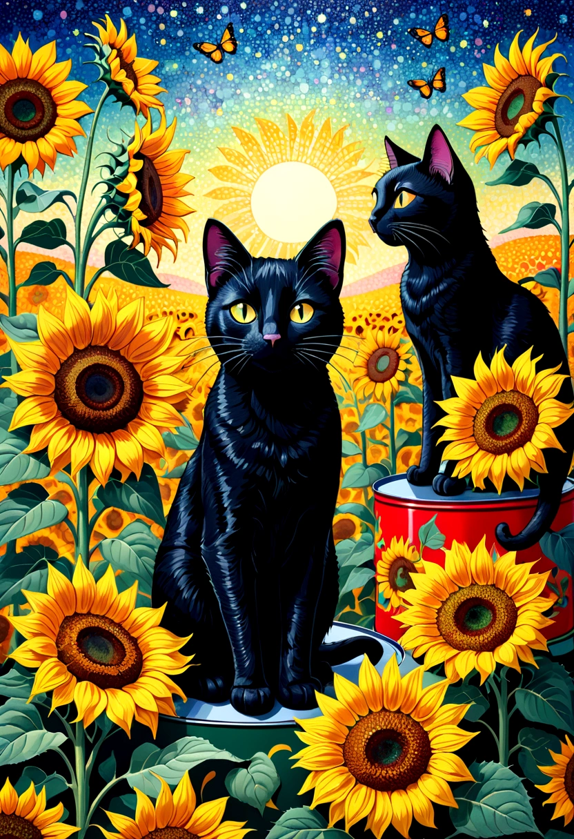 **A colorful tin with black cats and sunflowers, in the style of pointillism, floral motifs, intricately designed, bright colors, detailed illustration, delicate shading, and a close-up perspective.