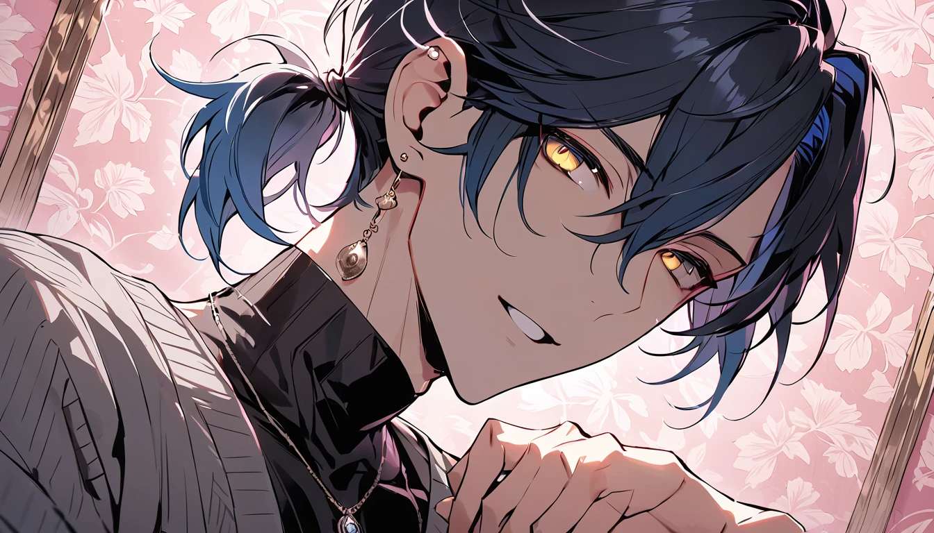 ((((best masterpiece, best quality, wallpaper,)))) solo, guy, male body, small muscles, flat chest, 1male, 30 years old, handsome man, dramatic angle, upper body, looking at viewers, beautiful detailed, seductive smile, mediumturquoise hair, ((((Lower short ponytail)))), asymmetrical bangs, ((short hair,)) ((( jitome, gold eyes, ^o^, tareme, droopy eyes,))) (((perfect face, extremely detailed eyes,))) perfect hands, sharp nose, clear face, black turtleneck, grey cardigan, ((silver piercing, pendant,)) leggings, pink background color ultrasharp, 8K, masterpiece,