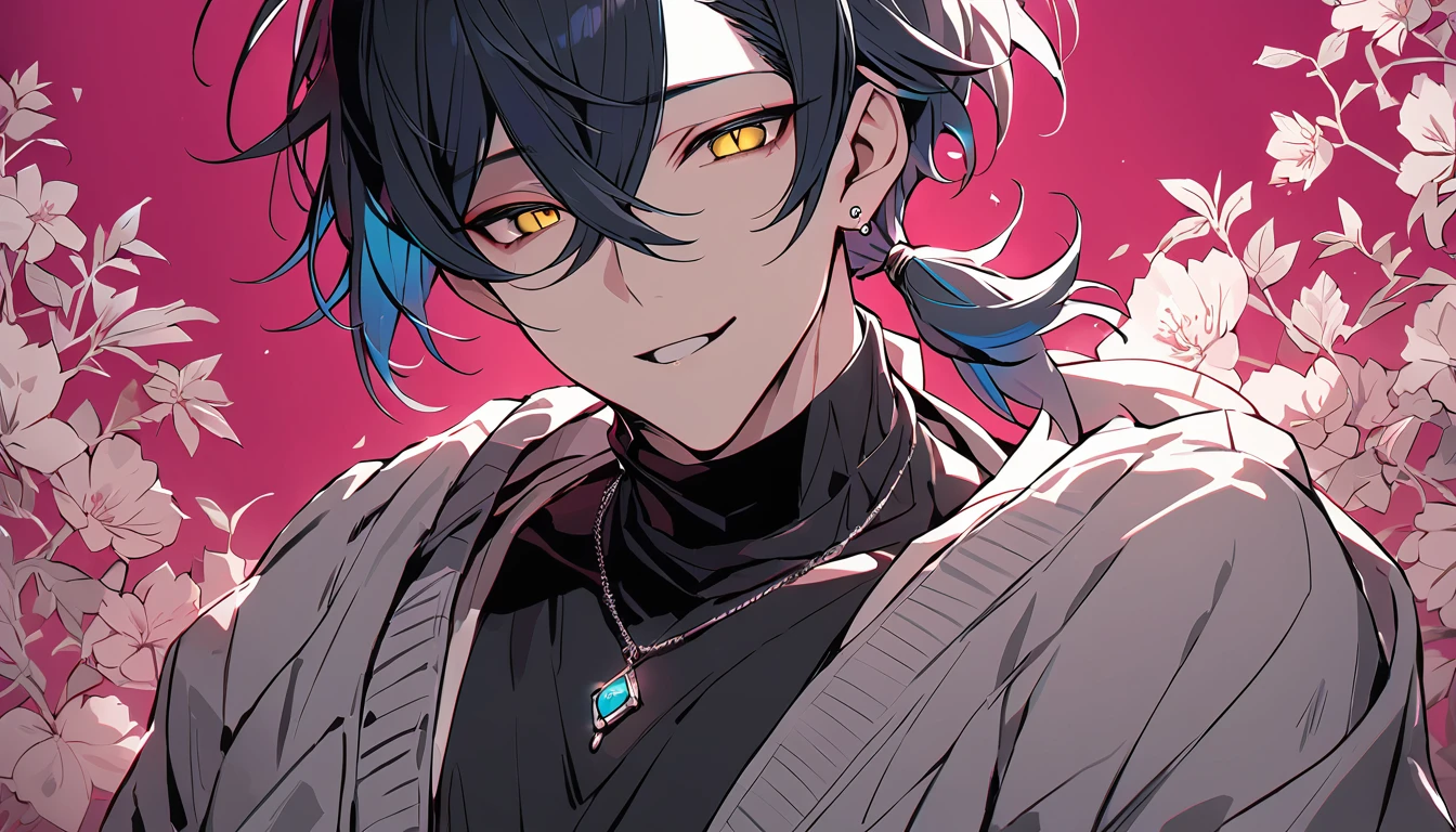 ((((best masterpiece, best quality, wallpaper,)))) solo, guy, male body, small muscles, flat chest, 1male, 30 years old, handsome man, dramatic angle, upper body, looking at viewers, beautiful detailed, seductive smile, mediumturquoise hair, ((((Lower short ponytail)))), asymmetrical bangs, ((short hair,)) ((( jitome, gold eyes, ^o^, tareme, droopy eyes,))) (((perfect face, extremely detailed eyes,))) perfect hands, sharp nose, clear face, black turtleneck, grey cardigan, ((silver piercing, pendant,)) leggings, pink background color ultrasharp, 8K, masterpiece,