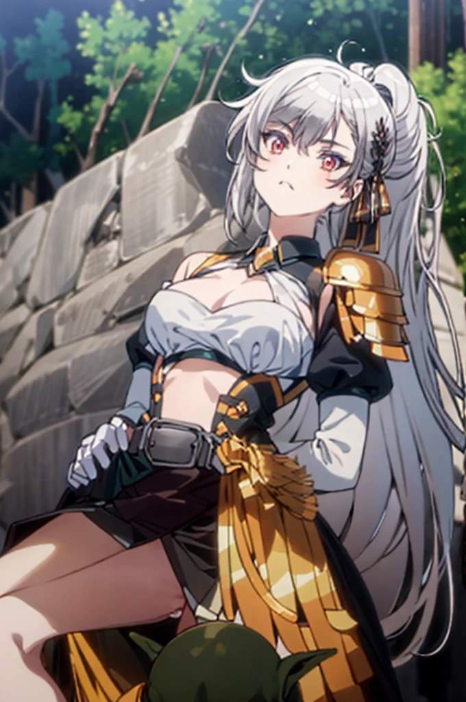 nsfw, best quality, official art, masterpiece, textile shading, HDR, gangbang, A female paladin, (in the forest), Wearing armor, metal armor, night, detailed aspects, Ultra-mini skirt 25cm above the knee, Surrounded by Goblins, Mr..々weapons, dirty,puffy nipple:1.5, large breasts, bikini tan:1.5, arms behind back:1.5, very long hair, brown hair, ponytail, restrained, pussy juice, hentai, rape face, intercourse with a goblin:1.35, vaginal penis:1.4, intercourse with a goblin:1.5, {{{girl on top:1.5}}}, barrette,
