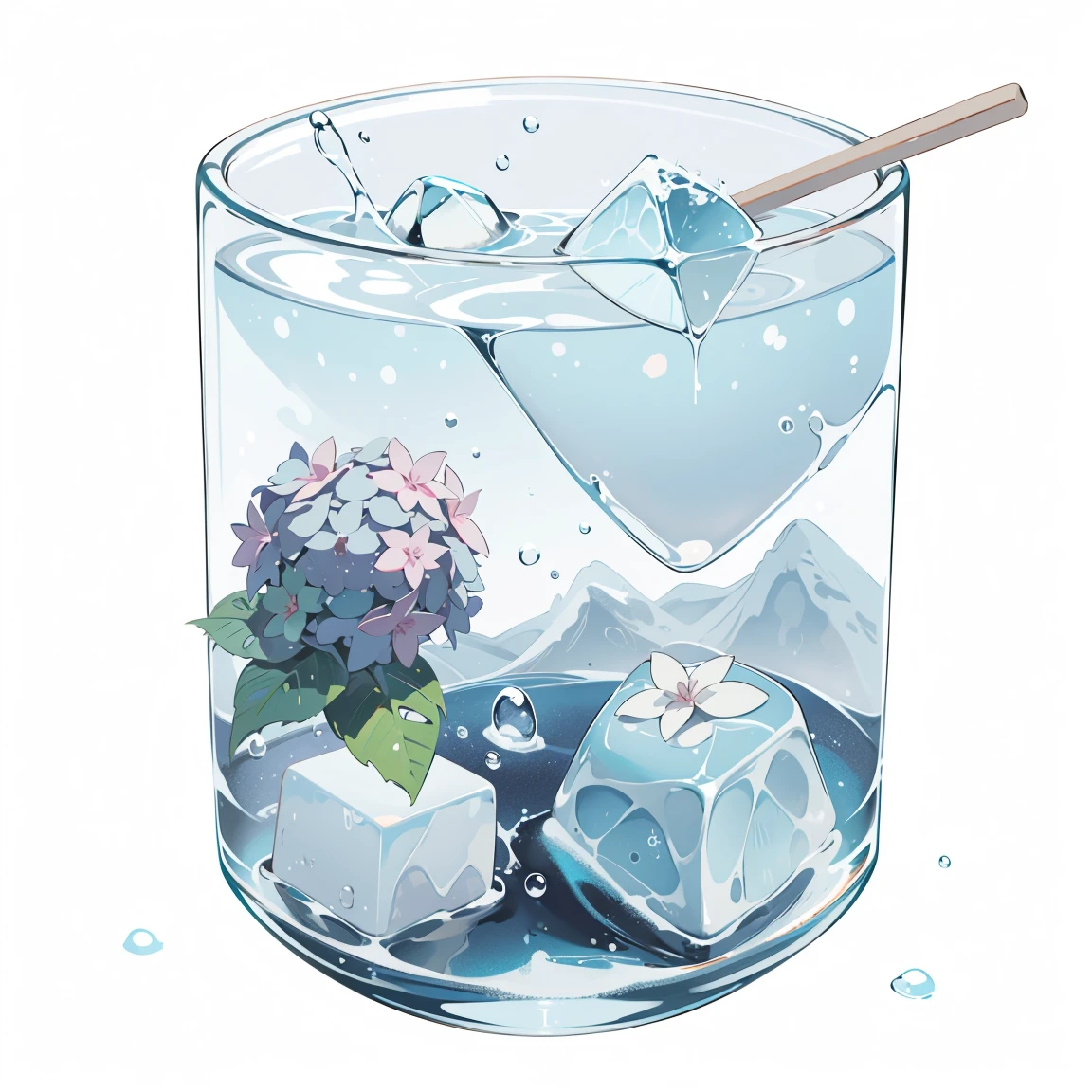 ((((Small items))))((((Still Life))))、summer、hydrangea、Soda Ice Bar、White background、Realistic、got in line、material、material。複数のSmall itemsがgot in line
