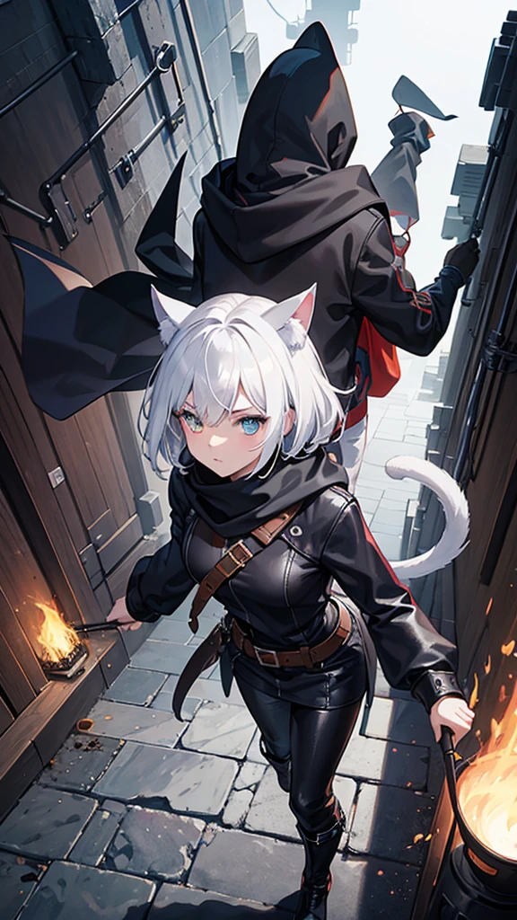 work of art, best qualityer, high resolution, 1 girl, synonym 1, scarf, short hair, mitts, ninja mask, long sleeves, leather pants, White hair, Cat's ears, cat tail, roupas de rogue, leather pants, holding, holding faca, heterochromia, yellow eye, blue eye, 14 eyes old, hooded cloak, rogue rpg, rpg, ninja, ruins, medioval
