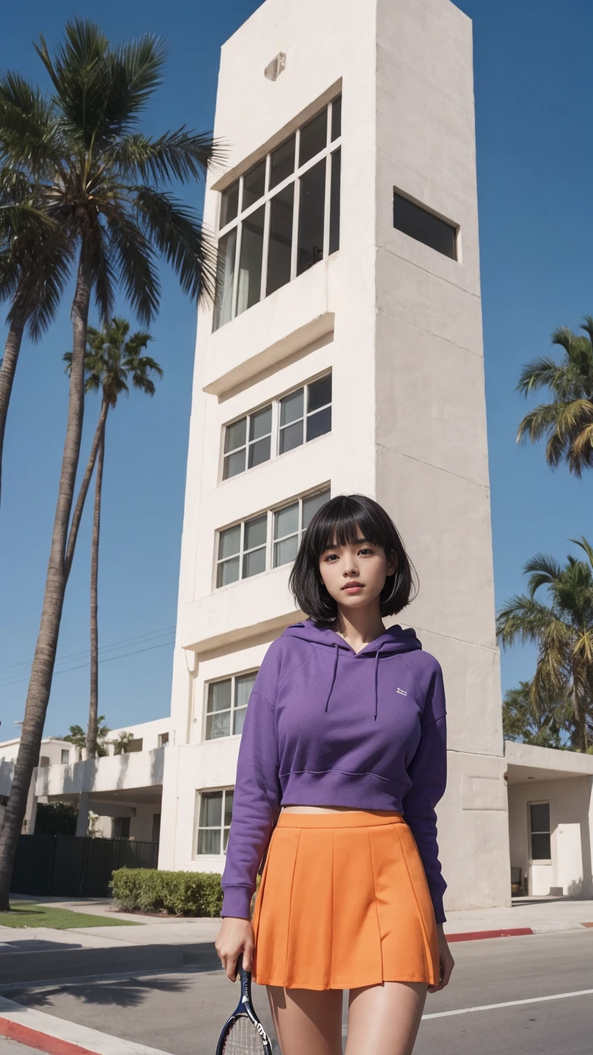 1 girl,looking camera, wear ((orange oversized hoodie)), (purple tennis skirt),Best Quality,Masterpiece,Ultra High Resolution,(Realisticity:1.4),Original Photo, 8k, light leak,dark intens shadow,ultra high resolution,UHD,beautiful, (black bob hair), almond eye, no makeup, in front of 80's architecture colorful motel, (from below:1.2), (realistic:1.2), (surreal:1.3), (very detailed:1.1), ((masterpiece)),summer, blue sky, palm trees,sunny, los angles vibes