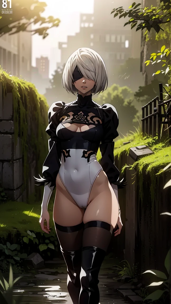 Portrait of a girl, лицо близко to the camera, face close up, лежит on the back, embarrassed, (((Shows off the chest))), on the back, (very detailed eyes, pupils, Lips 1.1), blindfold, gloomy composition, gloomy background, the forest, ruins covered with moss, Tall trees, nature, the lights of a sun, very detailed. very detailed eyes, grey-blue eyes, beautiful figure, ruin, ruined city, very detailed eyes, beautiful figure, Lucy from the anime series 1 girl, facing the viewer, beautiful figure (Correct anatomy 1.1.), full length (Full body 1.1), slim, a slim body, a slim body, slender legs, anime style, White hair, White hair, that disappear at the ends, bob haircut, Cutouts on the shoulders, Cutouts on the chest, Neckline at the waist, Black Stockings, Black short skirt, white panties, very detailed face, very beautiful face, very sexy, full length (Full body 1.1), маленькая elastic грудь, small ass, Красивая a slim body, Small buttocks, world, Femininity,chedevr,Best quality,very detailed,Visible to your feet, permission 8k, high sharpness, permission 8k, very detailed, 8k contract, professional lighting, photon mapping,physical rendering, perfect face, Detailed face and body, ray tracing, expressive look, Cinmatic worlding,elastic , Increased sexuality,