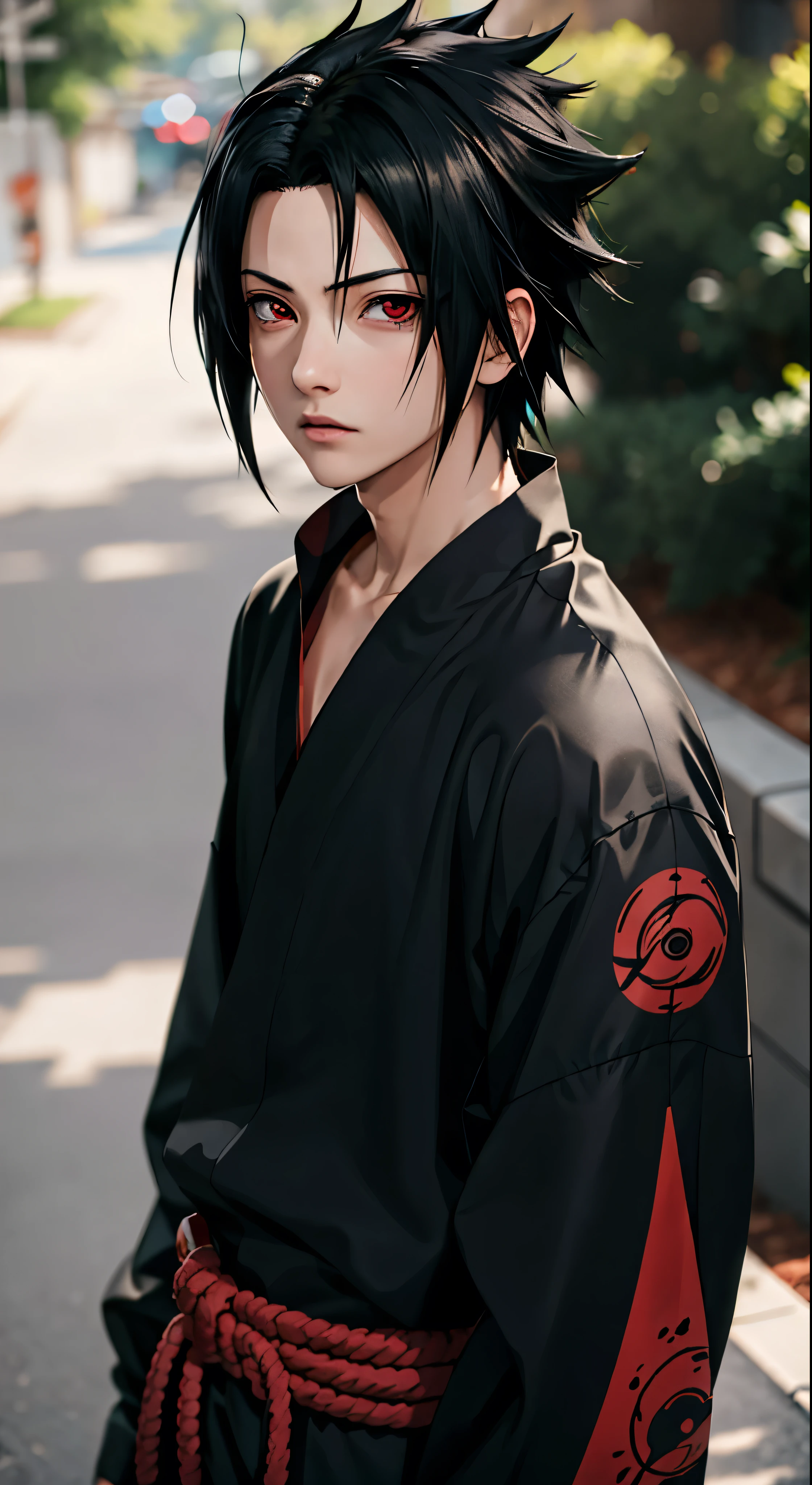 masterpiece, 1 boy, Superior Style, Uchiha Sasuke, Red eyes, Urban streetwear, Open, upper body, Uchiha Sasuke, Bright eyes, black hair, cool guy