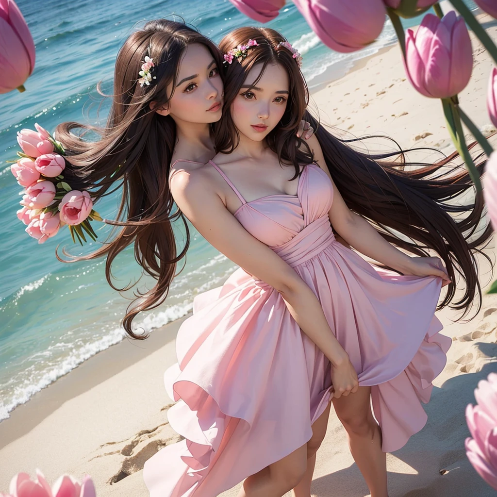 Create a 6 profile picture of a Matured Women but different faces and hair style wearing a pink beach dress she is holding a pink tulips with her both hands and her hair is brown and the background is beach theme wedding she is a bridesmaid full body please