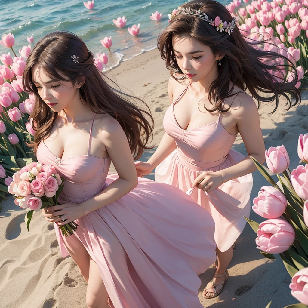Create a 6 profile picture of a Matured Women but different faces and hair style wearing a pink beach dress she is holding a pink tulips with her both hands and her hair is brown and the background is beach theme wedding she is a bridesmaid full body please