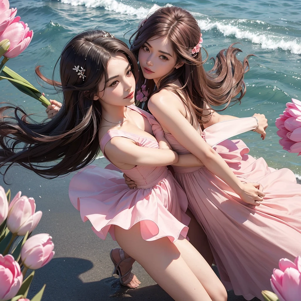 Create a 6 profile picture of a Matured Women but different faces and hair style wearing a pink beach dress she is holding a pink tulips with her both hands and her hair is brown and the background is beach theme wedding she is a bridesmaid full body please
