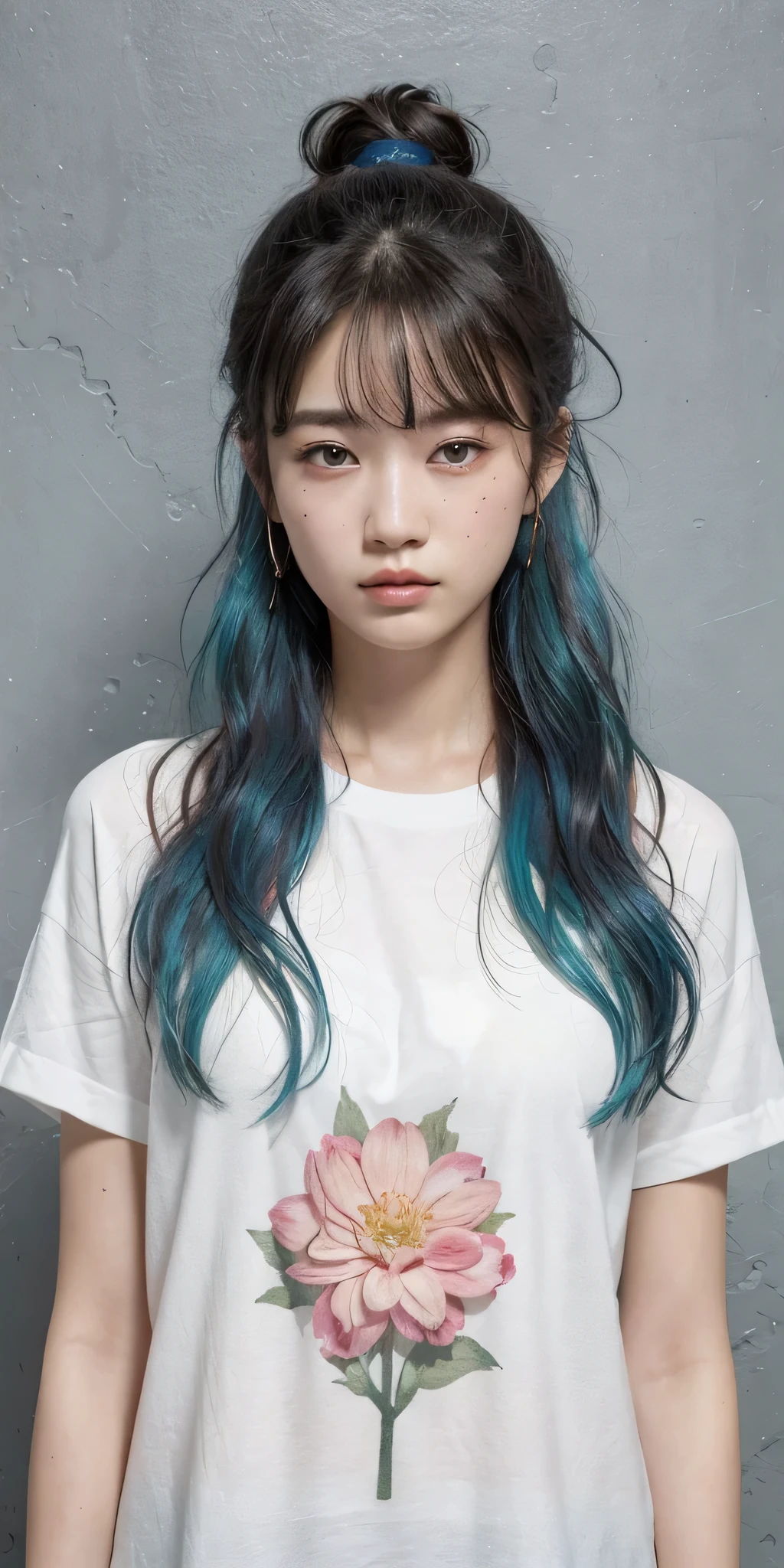 (masterpiece), (best quality), (ultra detailed),(disheveled hair),(illustration), (1girl), (Fashionable clothing), standing, Fashion model, looking at viewer, (interview), (simple background),beautiful detailed eyes, delicate beautiful face, Floating,(high saturation),(colorful splashes),colorful bubble,(shining), focus on face,  ponytail, kamisato ayaka, light blue hair, bangs, hair ring, floating flowers, floating hairs, (shining), best lighting, best shadow, (Graffiti background).