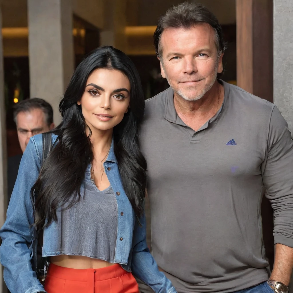 Ayslinn Derbez is 25 years old and Lothar matthäus is 35 years old, she have long hair, they are happy, they are wearing sport clothes, romantic, they are going to hotel, night, romantic