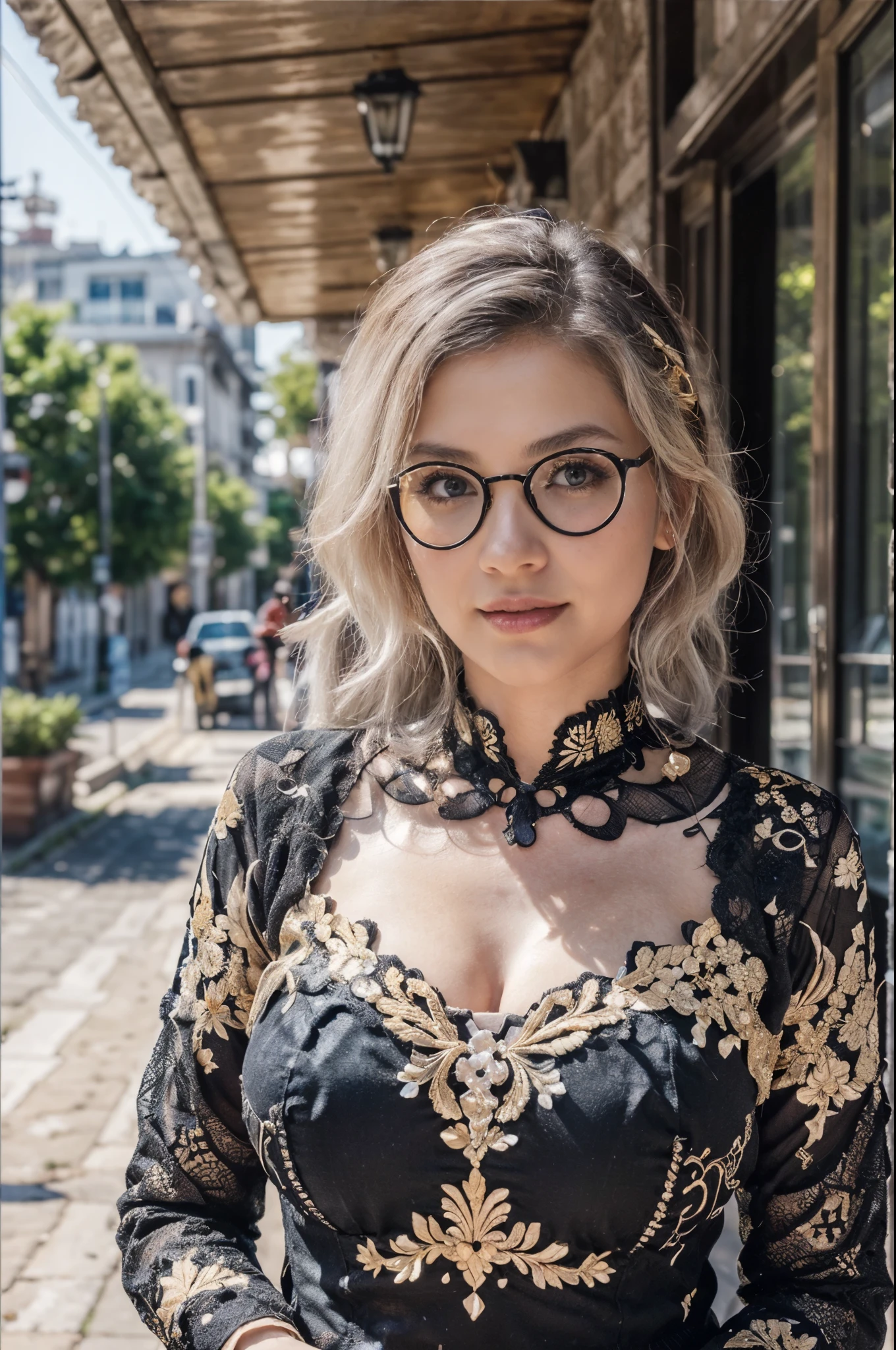 (A woman:1.5), (wearing long sleeve (black kebaya:1.2) with detailed gold batik ornament, classical glasses), (elegant pose:1.4) in the morning city, beautiful detailed eyes, grey blue eyes, beautiful face with flawless make-up, peaceful smiles, ((white hair:1.15), (black hair highlights:1.3) with braid hairstyle), plumpy postures, droopy large breast, low angle view, seen from forward, facing forward, (upper body), face focus, sunlight streaming through the building, cheerful ambient, colorful atmosphere, vibrant colors, natural beauty, youthful energy
