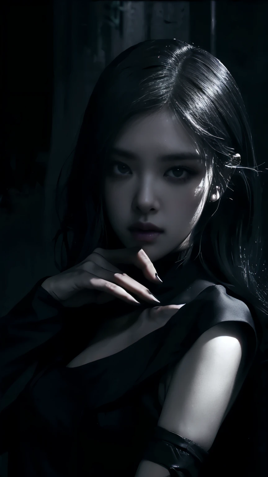 (best quality, highres:1.2), realistic, black dress, black hair, dark theme, black background, dark ninja, intense gaze, elegant posture, flowing dress, detailed facial features, long eyelashes, contrast, fine details, dramatic atmosphere, gothic style, intense emotions, monochrome color palette, captivating setting, haunting beauty, artistic photography, everything is black
