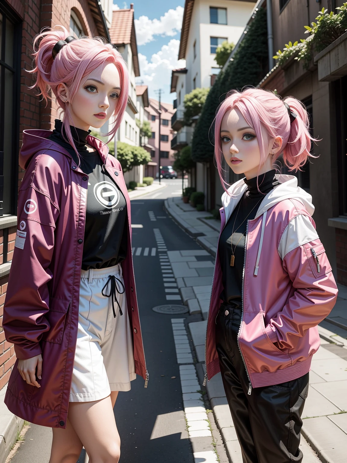 Anime girl with pink hair and green eyes staring at something, Pastel painting inspired by Shiko Munakata, tumblr, Creation and Production, Sakura Haruno, Sakura Haruno in slug sage mode, Sakura Haruno, Anime style", wearing a chain, Golden Eye Circle, Ikuto Yamashita