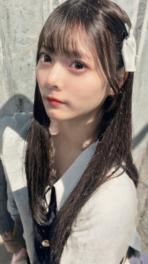 (((Ultra-high resolution、close、Cute Japanese Woman)))、length, Straight black hair frames her face、So that every single hair is clearly visible、Depicts subtle color changes depending on the amount of light hitting the subject、The skin is white and smooth、Has a natural glow、Fine skin、毛穴のExpressing every detail、amountや頬に薄い赤みがある部分を詳細に、The eyes are almond-shaped、It is dark brown.、Iris detail、Expressing color gradations and patterns、length, Natural Eyelashes, Each is visible、well-groomed eyebrows、personal々The hair is clearly visible、Light reflects off the eyes、Create small highlights、noseは繊細で、nose孔の細かいディテールがある、Lips are plump and naturally pink、Draws fine lines and soft curves of the lips、Shiny、Accentuate the shape、Detailed depiction of lip texture、Special attention is paid to the depiction of light and shadow.、Soft natural light gently illuminates your face from the front、amount、nose、Gives cheeks a subtle glow、The shadows are softly cast along the contours of the face.、cheekbone、Jaw Curve、noseの側面を強調、The gloss on her lips reflects the light faintly..、Emphasizes plump texture、The shadows in the hair add depth and dimension.、personal々Hair sparkles in the light、The background is simple and blurry.、Focus on the face、With the highest quality、Expressing every detail