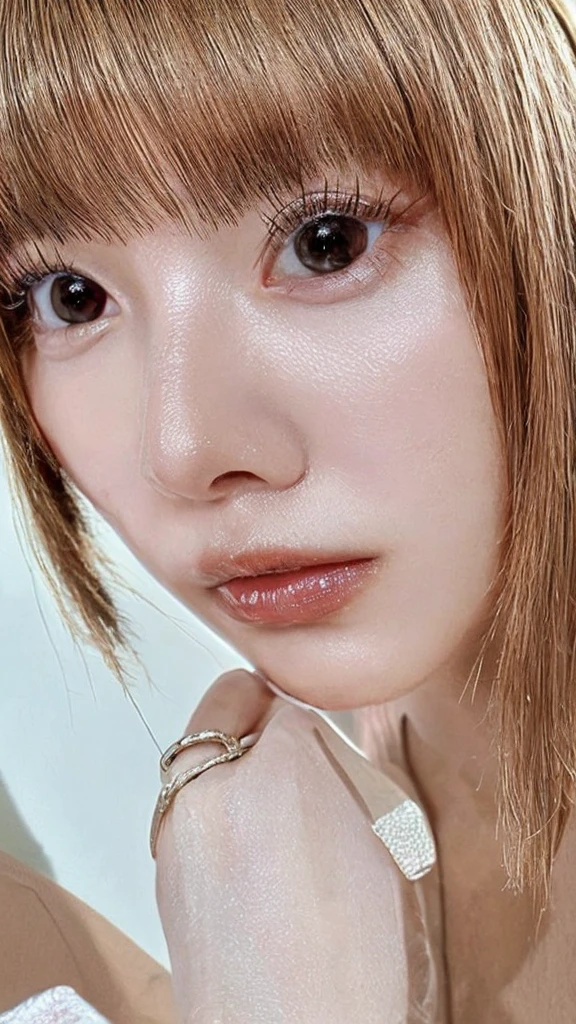 (((Ultra-high resolution、close、Cute Japanese Woman)))、length, Straight black hair frames her face、So that every single hair is clearly visible、Depicts subtle color changes depending on the amount of light hitting the subject、The skin is white and smooth、Has a natural glow、Fine skin、毛穴のExpressing every detail、amountや頬に薄い赤みがある部分を詳細に、The eyes are almond-shaped、It is dark brown.、Iris detail、Expressing color gradations and patterns、length, Natural Eyelashes, Each is visible、well-groomed eyebrows、personal々The hair is clearly visible、Light reflects off the eyes、Create small highlights、noseは繊細で、nose孔の細かいディテールがある、Lips are plump and naturally pink、Draws fine lines and soft curves of the lips、Shiny、Accentuate the shape、Detailed depiction of lip texture、Special attention is paid to the depiction of light and shadow.、Soft natural light gently illuminates your face from the front、amount、nose、Gives cheeks a subtle glow、The shadows are softly cast along the contours of the face.、cheekbone、Jaw Curve、noseの側面を強調、The gloss on her lips reflects the light faintly..、Emphasizes plump texture、The shadows in the hair add depth and dimension.、personal々Hair sparkles in the light、The background is simple and blurry.、Focus on the face、With the highest quality、Expressing every detail