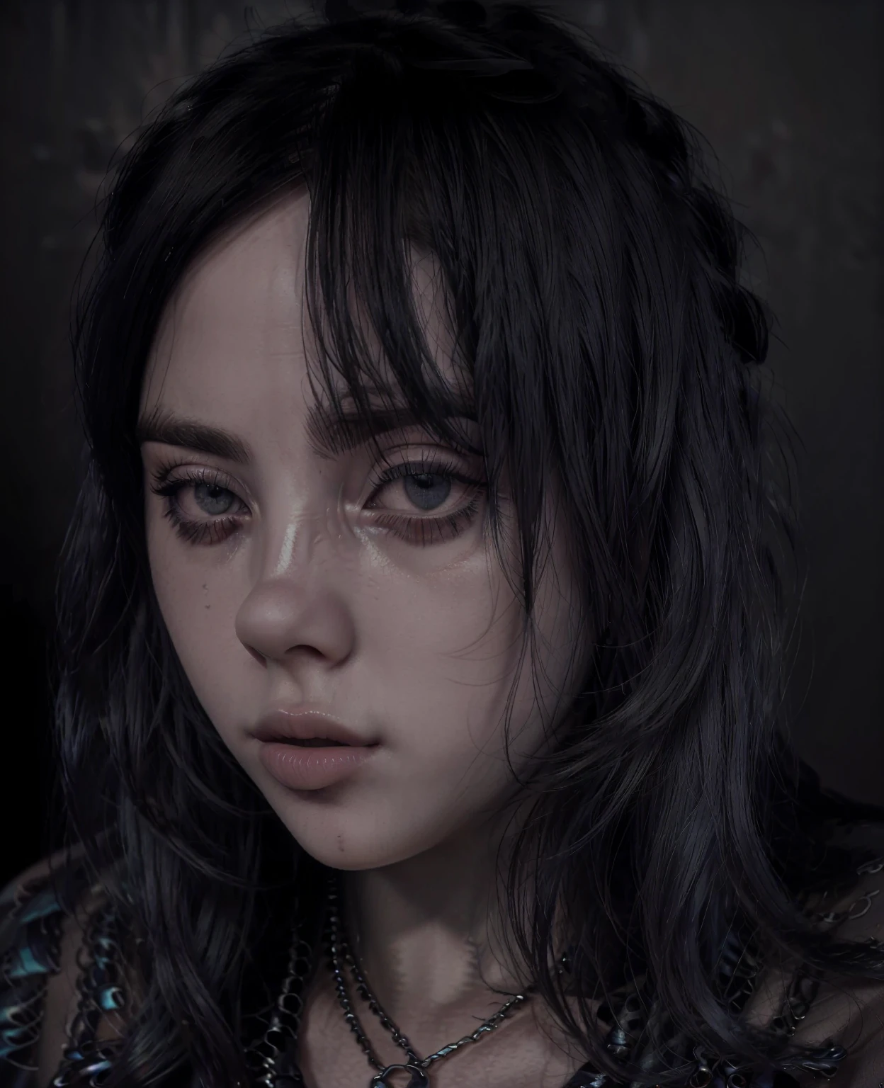 billie eilish, beautiful detailed eyes, beautiful detailed lips, extremely detailed eyes and face, long eyelashes, photorealistic, portrait, dark aesthetic, moody, dramatic lighting, cool color tones, mysterious