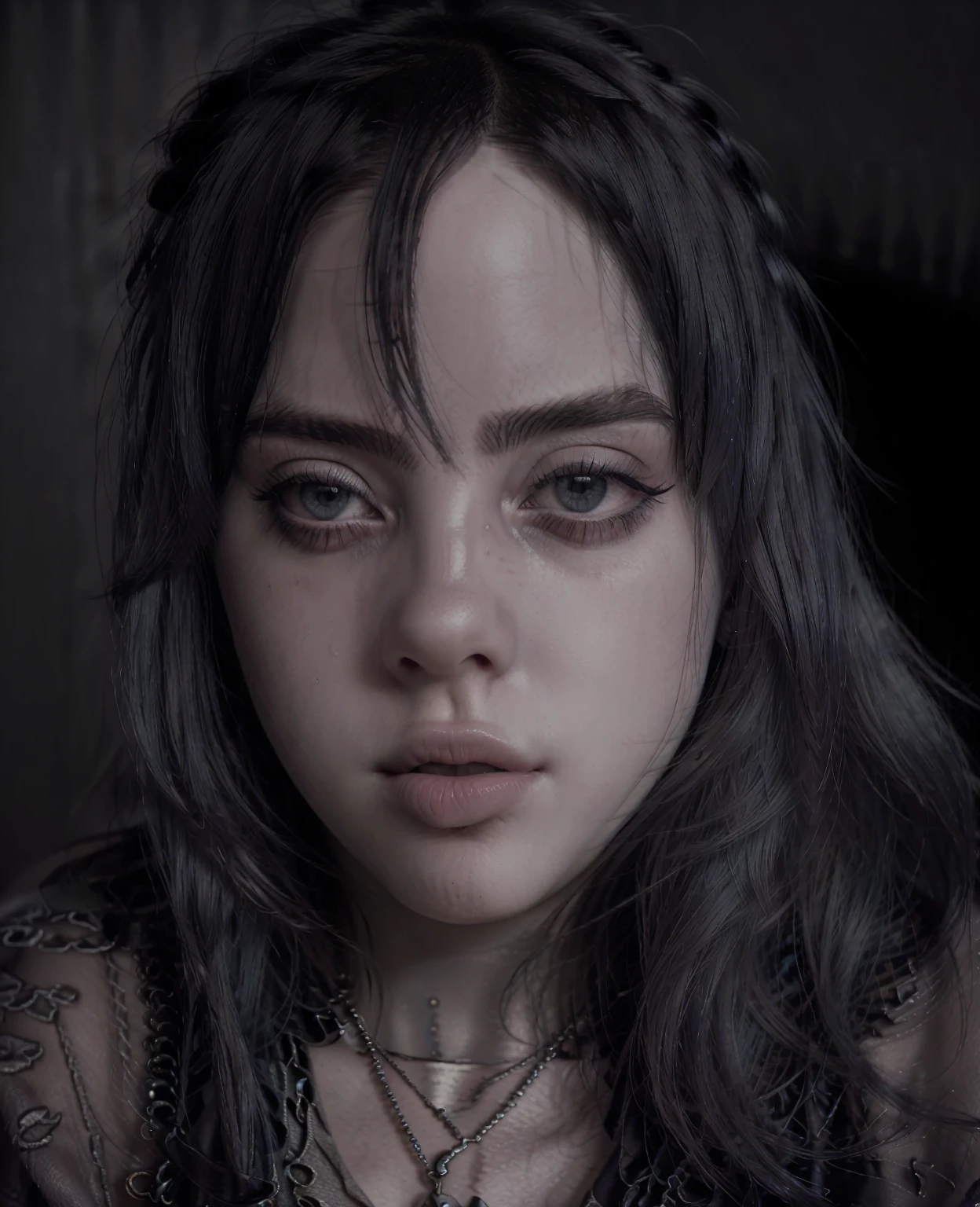 billie eilish, beautiful detailed eyes, beautiful detailed lips, extremely detailed eyes and face, long eyelashes, photorealistic, portrait, dark aesthetic, moody, dramatic lighting, cool color tones, mysterious