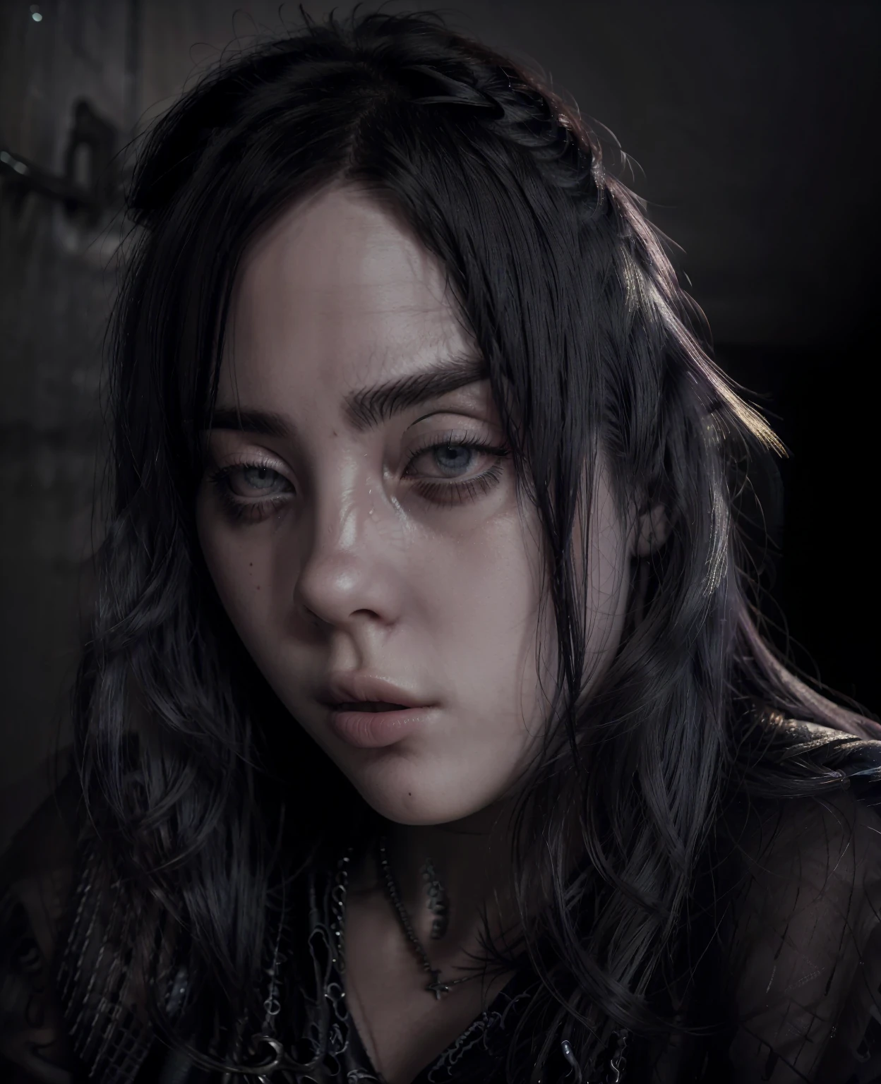 billie eilish, beautiful detailed eyes, beautiful detailed lips, extremely detailed eyes and face, long eyelashes, photorealistic, portrait, dark aesthetic, moody, dramatic lighting, cool color tones, mysterious