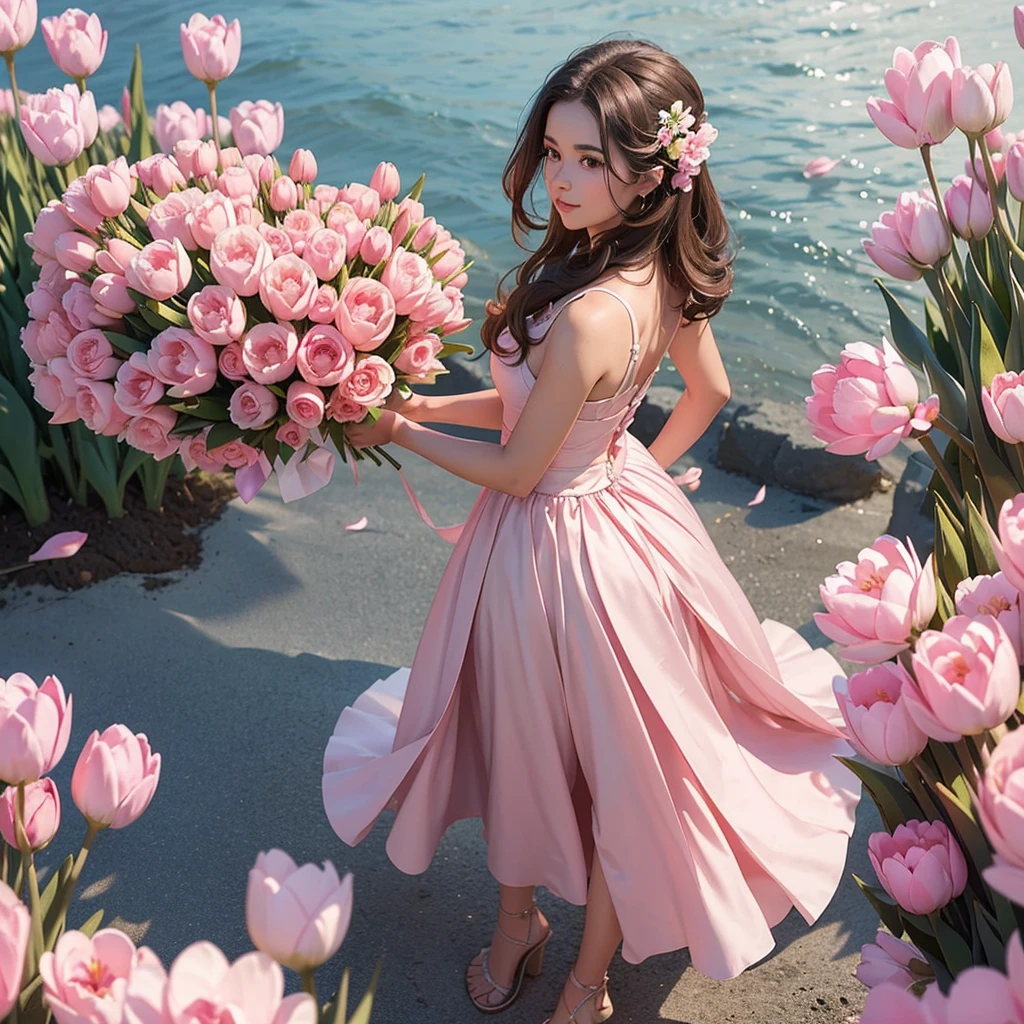 Create a 6 profile picture of a Matured Women but different faces and hair style wearing a pink beach dress she is holding a pink tulips with her both hands and her hair is brown and the background is beach theme wedding she is a bridesmaid full body please