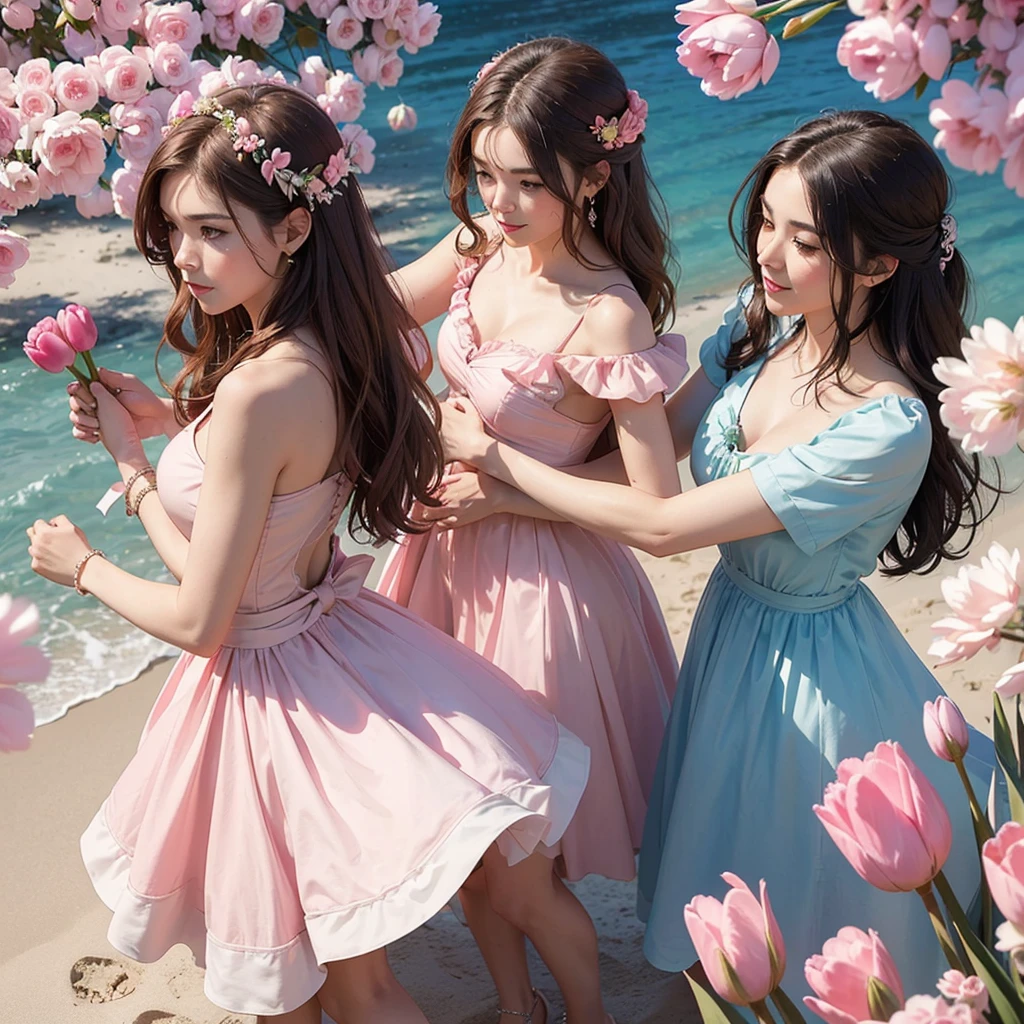 Create a 6 profile picture of a Matured Women but different faces and hair style wearing a pink beach dress she is holding a pink tulips with her both hands and her hair is brown and the background is beach theme wedding she is a bridesmaid full body please