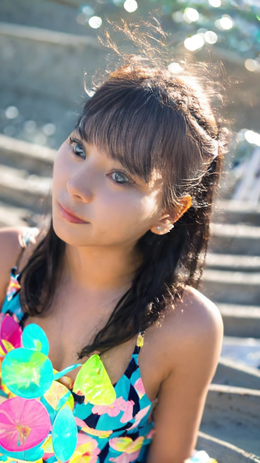 (masterpiece), (Highest quality), (Very detailed),(Disheveled Hair),(shape), (One Girl), (bikini), Are standing, Fashion Model, View your audience, (interview), (Beach),Beautiful details, Delicate and beautiful face, floating,(High chroma),(Colorful splashes),Colorful bubbles,(The Shining), Focus on the face, Hair Ring, Floating Flowers, Floating Hair, (The Shining), Best lighting, Best Shadow,