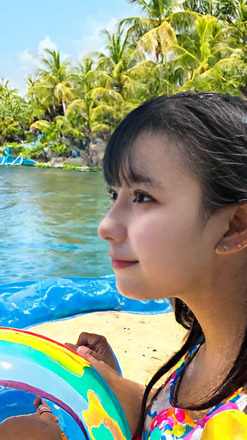 (masterpiece), (Highest quality), (Very detailed),(Disheveled Hair),(shape), (One Girl), (bikini), Are standing, Fashion Model, View your audience, (interview), (Beach),Beautiful details, Delicate and beautiful face, floating,(High chroma),(Colorful splashes),Colorful bubbles,(The Shining), Focus on the face,  Hair Ring, Floating Flowers, Floating Hair, (The Shining), Best lighting, Best Shadow,