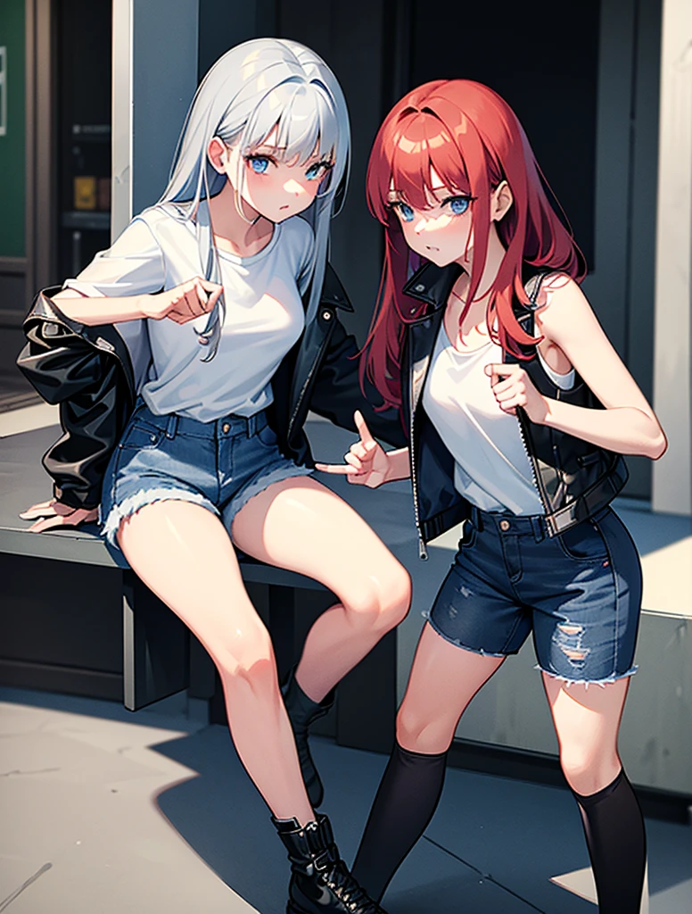 two girls, a young red-haired girl with blue eyes wearing a black leather jacket and a short white shirt with short blue denim shorts, with your daughter de 7 años, with your daughter, Little girl pequeña, Little girl chiquita, , Grey hair, long hair, blue eyes white short shirt, strong blue jeans