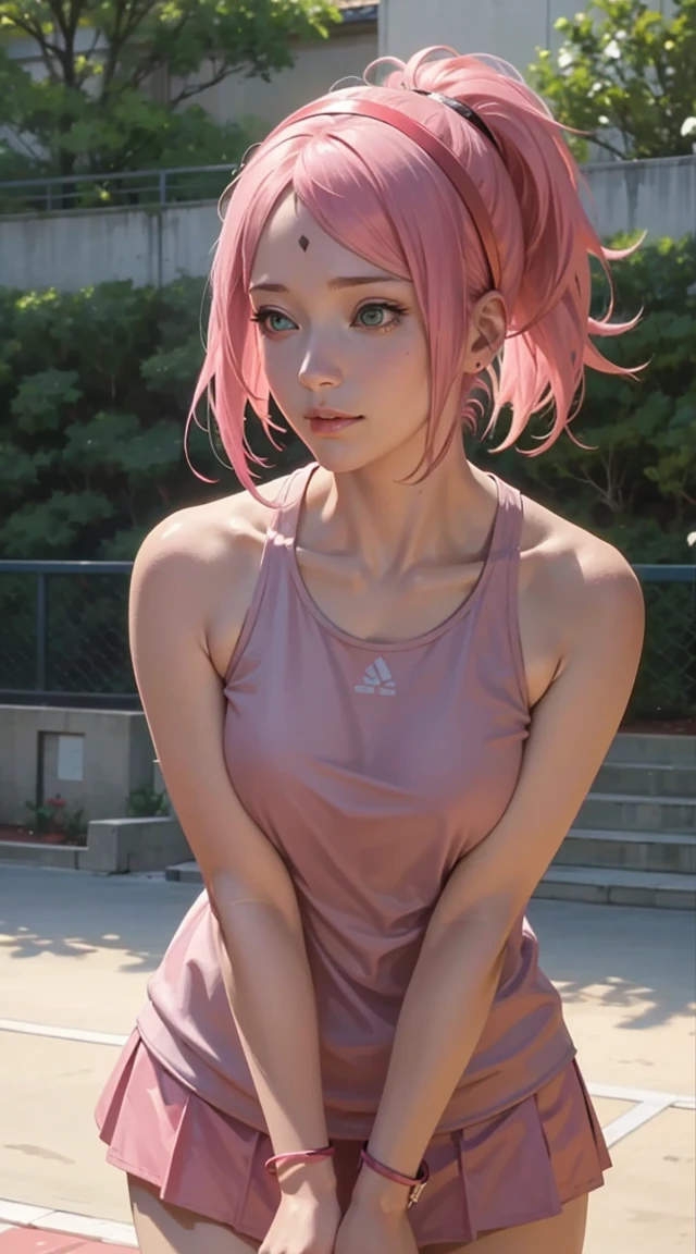 Haruno Sakura, forehead mark, Sakura from the Naruto anime, short hair, pink hair, ponytail, beautiful, beautiful woman, perfect body, perfect breasts, wearing tennis clothes, wearing a tennis hat, on the tennis court, holding a tennis racket, looking at the viewer, slight smile, realism, masterpiece, textured skin, super detail, high detail, high quality, best quality, 1080p, 16k