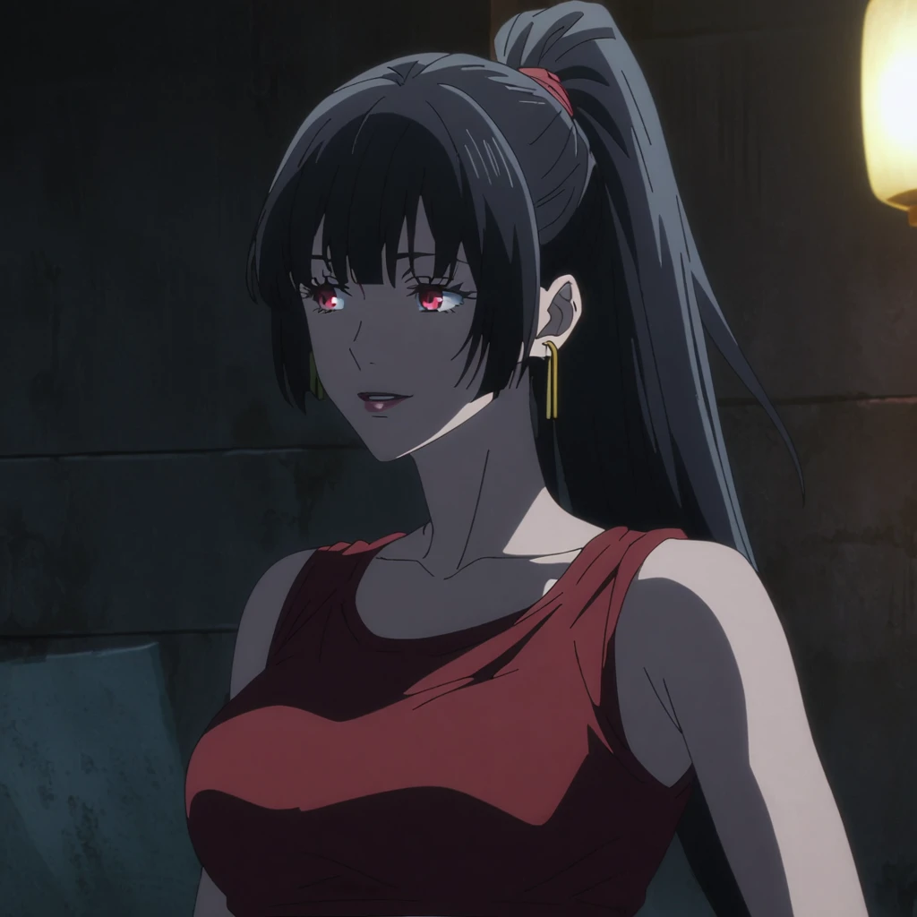 1girl, female gojo satoru, anime screencap from jujutsu kaisen, gojo satoru female version, solo, long_hair, Red eyes ((Black_hair)), night view, (hanging breasts) upper_body, smile, indoors, book, red_eyes, lips, (high ponytail) ((wearing red crop top)) breast, "very detailed and high resolution" (Red eyes) (cross arms) ((long hair)) ((solo)) (front view) (earings) ((high resolution)) ((good quality)) ((side bangs))