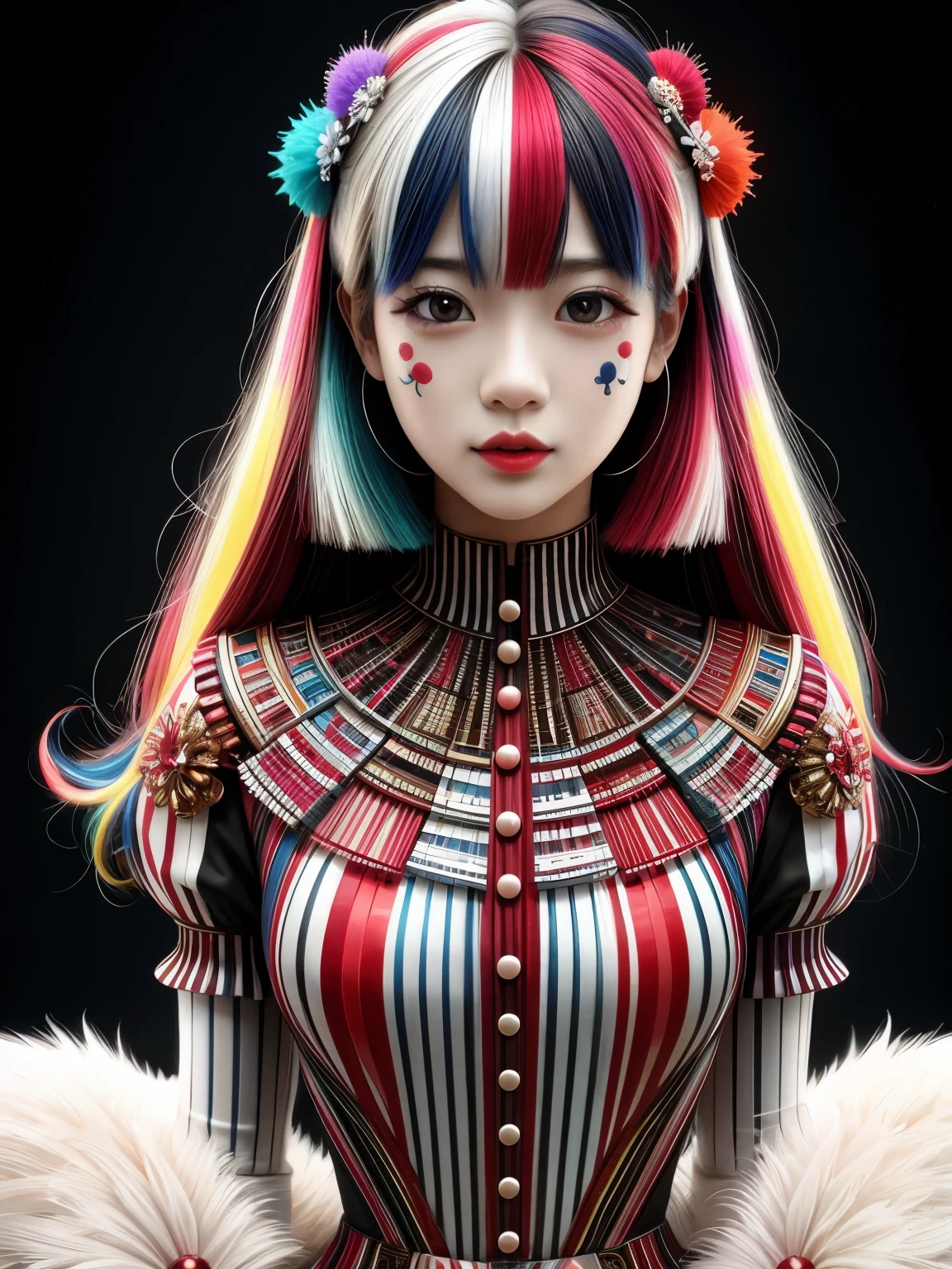 (high quality), (masterpiece), (detailed), 8K, Hyper-realistic illustration portrays (Japanese girl1.3) wearing colorful (clown attire1.2), highlighting (delicate facial features1.4) and (intricate hair details1.3). In style of Hajime Sorayama, trending on DeviantArt.